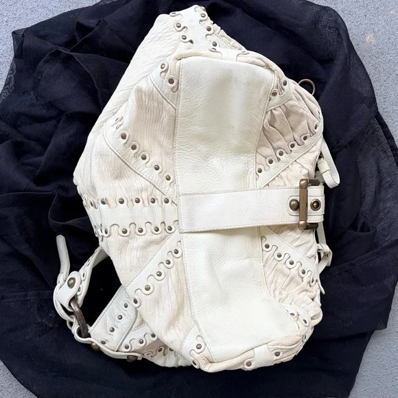 Ivory Isabella Fiore ruched brass grommets studded large leather hobo bag

- - Picture 7 of 16